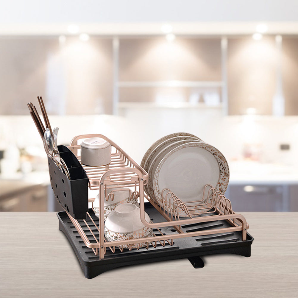 Rose Gold Color, Vertical Bowl And Plate Drain Rack with Rotating Water Outlet Drip Tray, Large Capacity, Aluminum Alloy Bowl And Plate Rack with Cutlery Rack, Kitchen Countertop Storage Rack, Saving Countertop Space