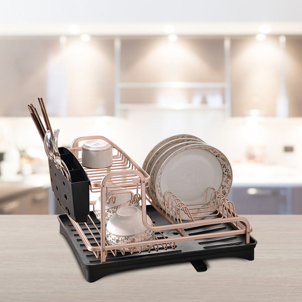 Rose Gold Color, Vertical Bowl And Plate Drain Rack with Rotating Water Outlet Drip Tray, Large Capacity, Aluminum Alloy Bowl And Plate Rack with Cutlery Rack, Kitchen Countertop Storage Rack, Saving Countertop Space