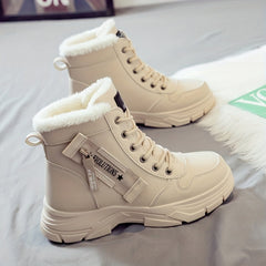 Women'S Winter Ankle Boots - Thick Cushioned Sole, Lace-Up Closure, Beige/White - PU Synthetic Cover Upper - Warm Cold Weather Boots for Everyday & Formal Outfits - Easy-Clean Shoes, Ladies Winter Boots, Casual Footwear, Plush Lined Interior, Fabric Lined