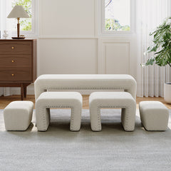 Boucle Fabric Bed End Stool 5-piece Set, Leisure Changing Shoes Stool, 5 Combination Stools, Sofa Footrest, Soft and Comfortable Bedside Bench, Suitable for Living Room Bedroom Rest Room
