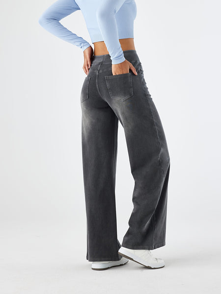 Women'S High-Waist Stretch Denim Wide-Leg Pants with Multiple Pockets, Distressed Vintage Casual Denim Long Pants