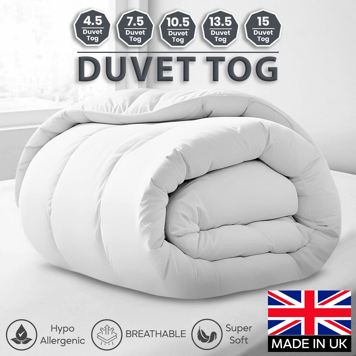 All Seasons Duvet – UK Made Corvin Material, Lightweight & Breathable Comforter, Ultra-Soft, 2.5, 4.5, 7.5, 10.5, 13.5, 15, 15 Tog, All Sizes Available