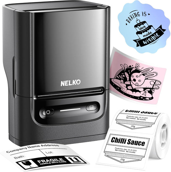 Nelko PM220 Bluetooth Thermal Label Printer, 2 Inch Portable Label Maker Machine for Ios & Android Phone, Sticker Printer for Clothing, Retail, Address, Barcode, Home, with 1 Roll 40X30Mm（White）