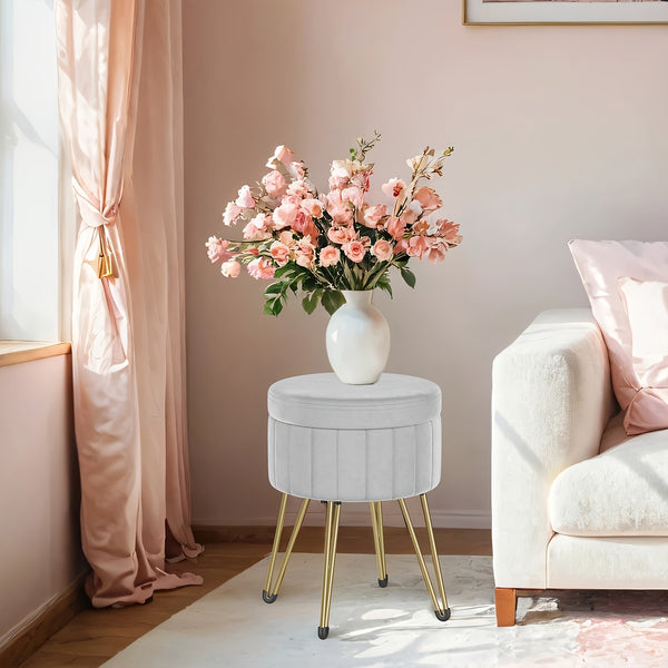 Storage Ottoman, Velvet Dressing Table Stool, 39 X 44.4 Cm (Dia. X H), Round Storage Stool Seat, 4 Metal Legs, For Dressing Room, Living Room, Bedroom