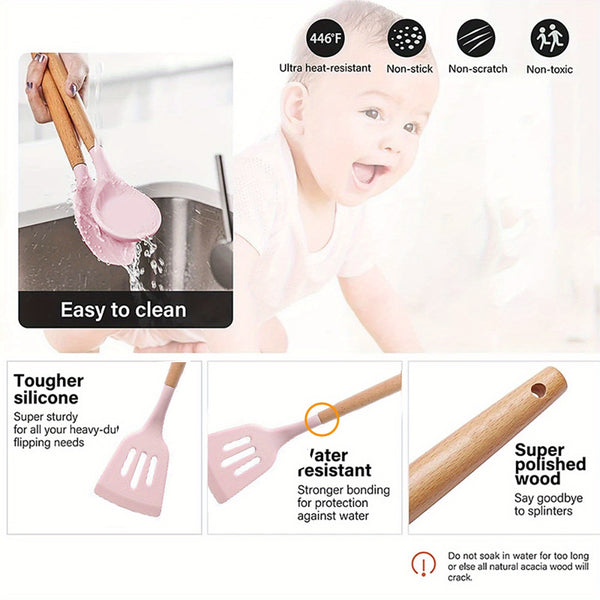 12pcs Silicone Cooking Utensil Set, Non- Stick Tools with Wooden Handles, Includes Storage Box, Kitchen Essentials, Ideal Gift for Mother, Wife, Pink