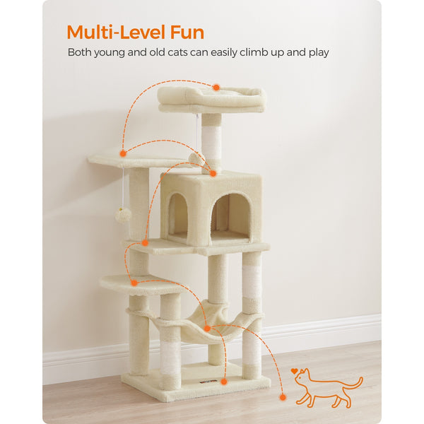 112 cm Cat Tree, Multi-Level Soft Plush Cat Tree, Cat Tower Condo with 4 Cat Scratching Posts, Hammock, Cave, Platform, Toys, Pink/White/Beige/Grey, Easy Assembly and Sturdy, Indoor Cat Furniture