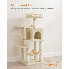112 cm Cat Tree, Multi-Level Soft Plush Cat Tree, Cat Tower Condo with 4 Cat Scratching Posts, Hammock, Cave, Platform, Toys, Pink/White/Beige/Grey, Easy Assembly and Sturdy, Indoor Cat Furniture