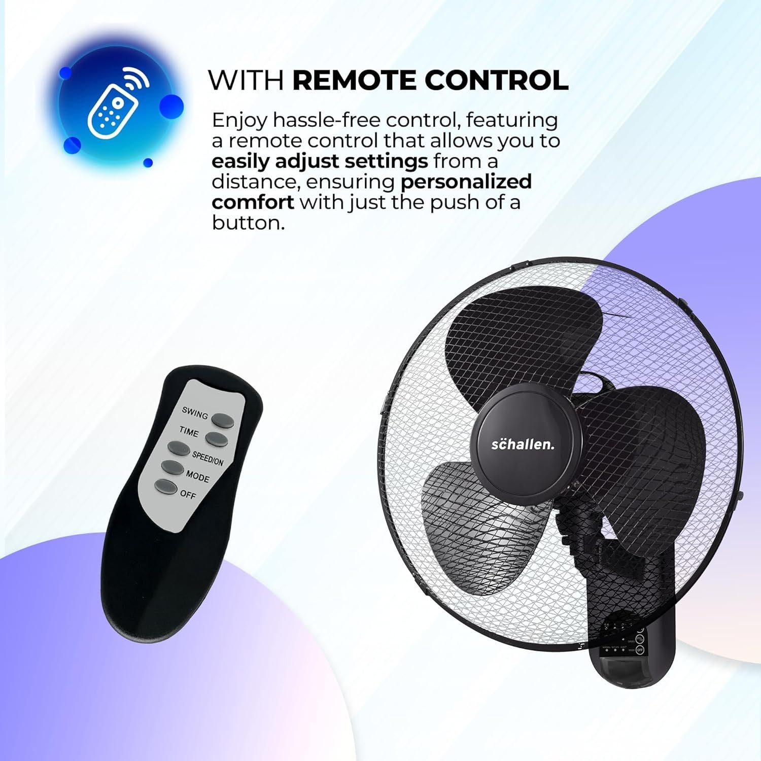 Schallen BLACK 16 Inch Wall Mounted Fan with Remote Control, Oscillating Cooling Fan 40cm, 3 Speed Settings, Timer Function, Quiet Wall Fan for Bedroom, Office, Kitchen, Garage, Home Cooling Fan UK, Adjustable Tilt Air Circulator, Energy Efficient Wall Fa