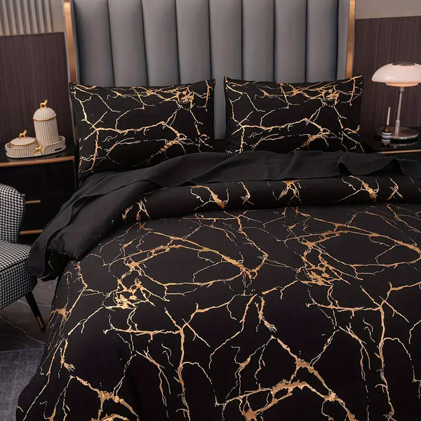Gold Marble Print Quilt Cover and Pillowcase Bedding Set, Light Luxury High-end Creative Design Bedding Three-piece Set, 2 Pillowcases and 1 Quilt Cover, Soft and Comfortable Bed Three-piece Set for All Seasons, Black