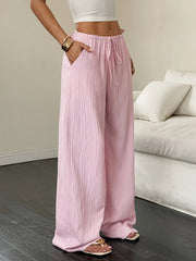 2pcs Women's Spring/Summer Casual Solid Color Waist-Tie Pocket Wide-Leg Pants Set, Suitable for Casual Daily Wear and Vacation