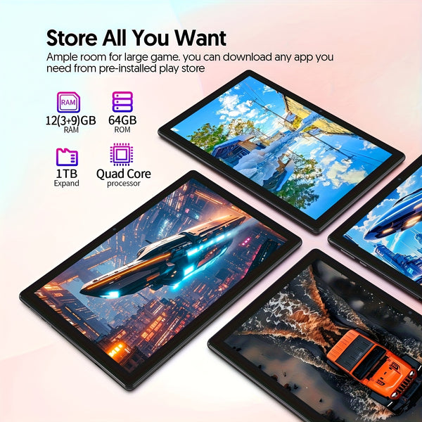 Newly Upgraded Android 15 System, 10.1-inch New Tablet Computer, 12 (3+9)GB RAM, 64GB ROM + 1TB Expandable Memory, With Keyboard, Mouse And Stylus, 2.0+8.0MP, 5G WiFi 6, 6000mAh Long-life Battery, Powerful Core, Perfect For Tech Enthusiasts And Home Offic