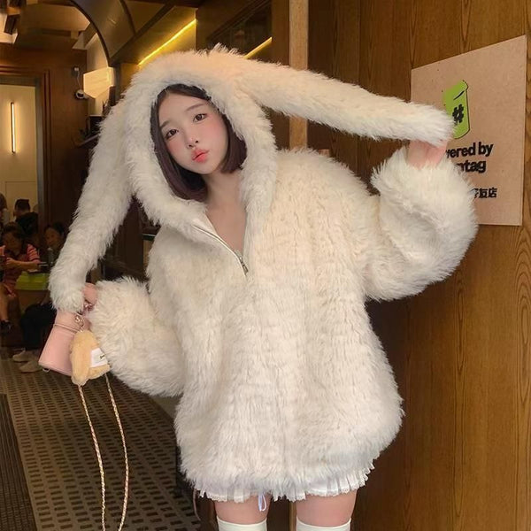 Imitation coat Women's cardigan 2025 autumn and winter new cute rabbit ears loose thickened furry sweater