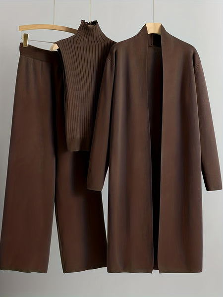 2025 newest suit high elasticity Women's loose suit, long wide-legged pants + shawl cardigan + turtleneck sweater fashion three-piece set Can be worn up to 70kg Suitable for female
