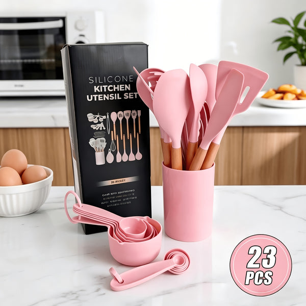 23pcs Silicone Kitchenware And Kitchen Knife Set | Heat Resistant Silicone Cutlery with Wooden Handle | Chef Knife | Non-Stick Friendly Tool | Easy to Cook And Clean | Convenient to Carry | Suitable for School, Home, Outdoor Use | Mother'S Day
