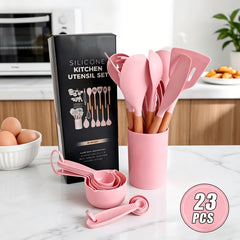 23pcs Silicone Kitchenware And Kitchen Knife Set | Heat Resistant Silicone Cutlery with Wooden Handle | Chef Knife | Non-Stick Friendly Tool | Easy to Cook And Clean | Convenient to Carry | Suitable for School, Home, Outdoor Use | Mother'S Day
