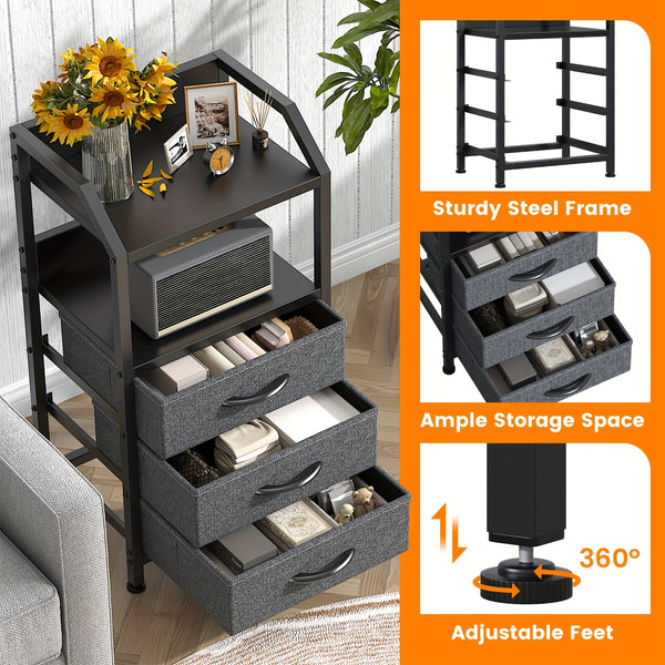 Modern Black Fabric Drawer Nightstand with Open Shelves - Engineered Wood & Metal Frame, 3 Drawers & Open Shelf, Compact 68.58cm Height, 3, 2 Cu Ft Storage, Easy Assembly for Bedroom, Living Room, Dorm, Office, Bedroom Storage, Contemporary Design, Sturdy