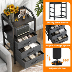 Modern Black Fabric Drawer Nightstand with Open Shelves - Engineered Wood & Metal Frame, 3 Drawers & Open Shelf, Compact 68.58cm Height, 3, 2 Cu Ft Storage, Easy Assembly for Bedroom, Living Room, Dorm, Office, Bedroom Storage, Contemporary Design, Sturdy