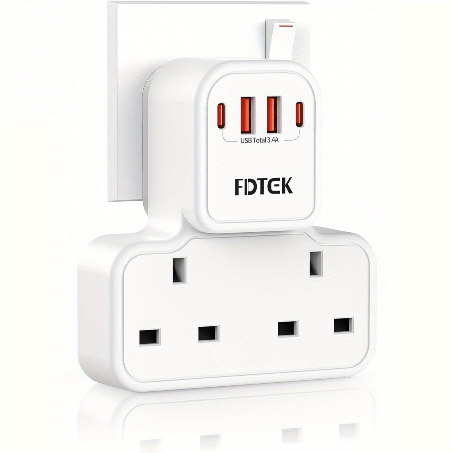 Plug Extension Socket with 4 USB (Included 2 USB-C), FDTEK 13A 3250W Double Plug Adaptor with Surge Protected, Compact UK Plug Extender Multi Plug Socket for Home, Office, School Supplies