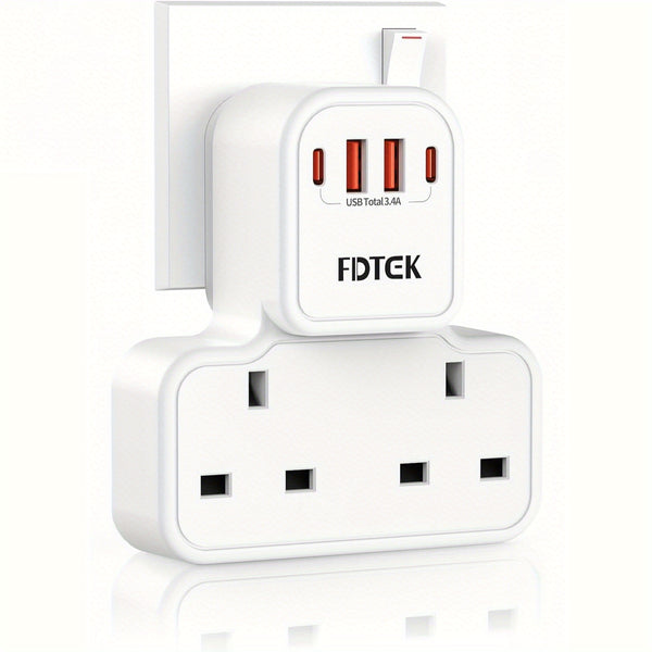 Plug Extension Socket with 4 USB (Included 2 USB-C), FDTEK 13A 3250W Double Plug Adaptor with Surge Protected, Compact UK Plug Extender Multi Plug Socket for Home, Office, School Supplies