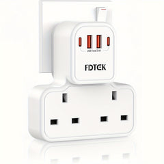 Plug Extension Socket with 4 USB (Included 2 USB-C), FDTEK 13A 3250W Double Plug Adaptor with Surge Protected, Compact UK Plug Extender Multi Plug Socket for Home, Office, School Supplies