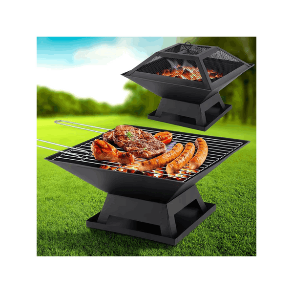 Square Fire Pit with BBQ Grill Heater Outdoor Garden Black Barbeque Metal Brazier Patio Decor Firepit Stove Portable Heat Mesh Cover for Camping or Picnics