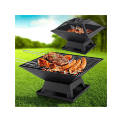 Square Fire Pit with BBQ Grill Heater Outdoor Garden Black Barbeque Metal Brazier Patio Decor Firepit Stove Portable Heat Mesh Cover for Camping or Picnics