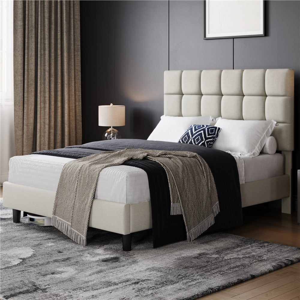 Costoffs Upholstered Bed Frame, Fabric Bed Frame with Fabric Headboard, Modern Platform Bed Frame with Strong Wooden Slats, Support and Square Tufted Headboard Height Adjustable, Double/King, Dark Gray/Light Gray/Beige