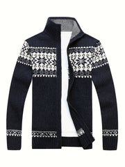 New Autumn And Winter Casual Men'S Knitted Cardigan, Featuring a Thick Ethnic-Style Snowflake Jacquard with a Stand-Up Collar And Zipper. This Stylish Long-Sleeve Sweater Jacket Is Perfect for Men'S Daily Wear in The Fall And Winter