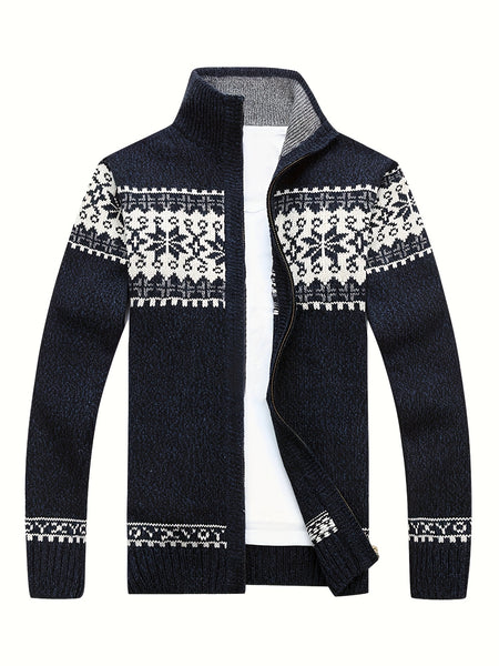 New Autumn And Winter Casual Men'S Knitted Cardigan, Featuring a Thick Ethnic-Style Snowflake Jacquard with a Stand-Up Collar And Zipper. This Stylish Long-Sleeve Sweater Jacket Is Perfect for Men'S Daily Wear in The Fall And Winter