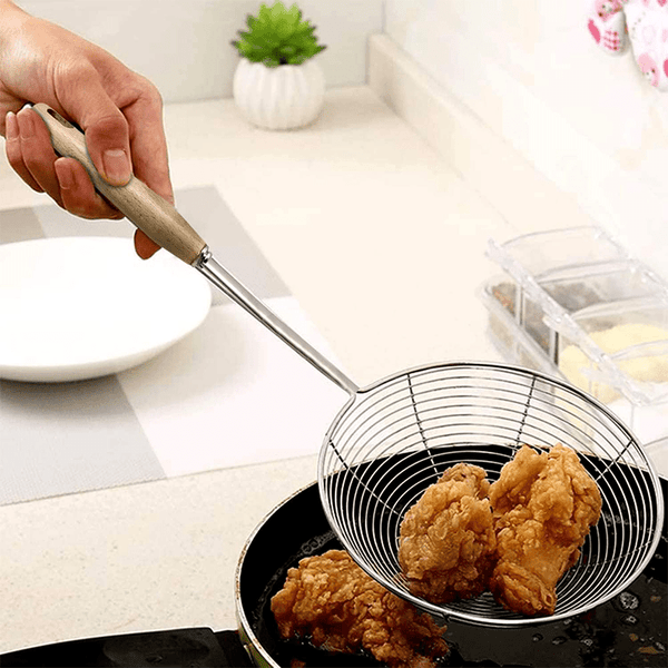 AEX Stainless Steel ladle Frying Spoon Strainer with Wood Handle Pasta Strainer Wooden Spoons Cooking Utensils for Kitchen Cooking Frying Food Ladle Spider Skimmer Mesh Strainer Skimmer Frying Spoons Spider Strainer Skimmer Wire Skimmer Ladle Kitchen Uten