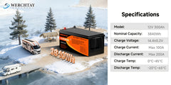 WERCHTAY 12.8V Lifepo4 Battery with Capacities of 300/200/100Ah, Featuring A+ Grade Battery Cells, Over 25, 000 Deep Cycles, And an Intelligent BMS for Protection Against Overcharging And Over-Discharging, Suitable for Home Energy Storage