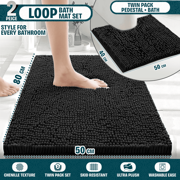 2-Piece Loop Bathroom Mat Set | Soft Chenille Microfiber Rugs with Non-Slip Backing | Machine Washable | Includes 50x80cm Bath Mat & 50x40cm Pedestal Mat | Stylish, Comfy & Durable | UK STOCK | LOCAL WAREHOUSE