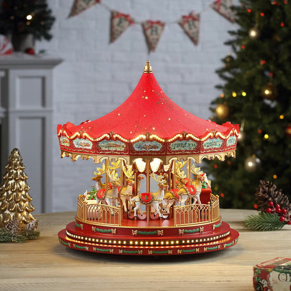 17 Inch Nostalgic Deluxe Glass Embellished Carousel in Red