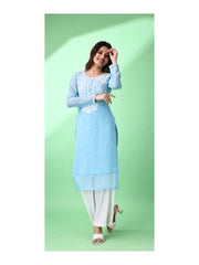 Estationeryhouse Women's Georgette Lucknowi chikankari kurti, Rose Design with Heavy Embroidery, Without Bottom