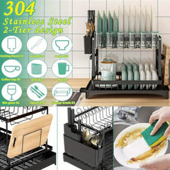 Premium 2-Tier Heavy-Duty Rustproof Dish Drying Rack with Drainboard & Utensil Holder - Space-Saving Kitchen Organizer with Upper & Lower Shelves, Dishwasher-Safe Design, Compact Countertop Storage for Plates, Bowls, Pots, Pans, Utensils - Sturdy Black Fr