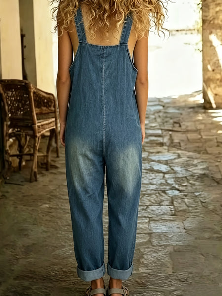 2026 New Women'S Retro Summer Clothing, Denim Dungarees Jumpsuit with Pockets, Wide-Leg Pants, Straight-Leg Trousers, Jeans, Fashion Versatile Outfits for Lady, Suit for Spring/Summer/Autumn, Loose Fit, Perfect for Casual Occasions/Commute