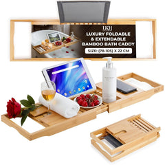 LKH Expandable Bamboo Bath Caddy Bridge Bathtub Organizer with Book Rest Wine Glass Holder and Tablet Support Tray for Home Spa Experience Fits Most Bath Sizes