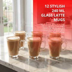 Set of 6, 12-Piece Clear Latte Glass Set 240ml – Temperature-Resistant Coffee, Tea & Dessert Mugs with Handle