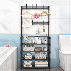 Large Capacity Coat Rack Stand, Metal Hall Tree with 8 Hooks Bag Hat Hanger and Non Woven Fabric Shoe Shelves, Modern Clothes Rack, Versatile 4 Tiers Shoe Rack Bench with Metal Frame for Entryway Hallway Living Room Clothes Drying Rack
