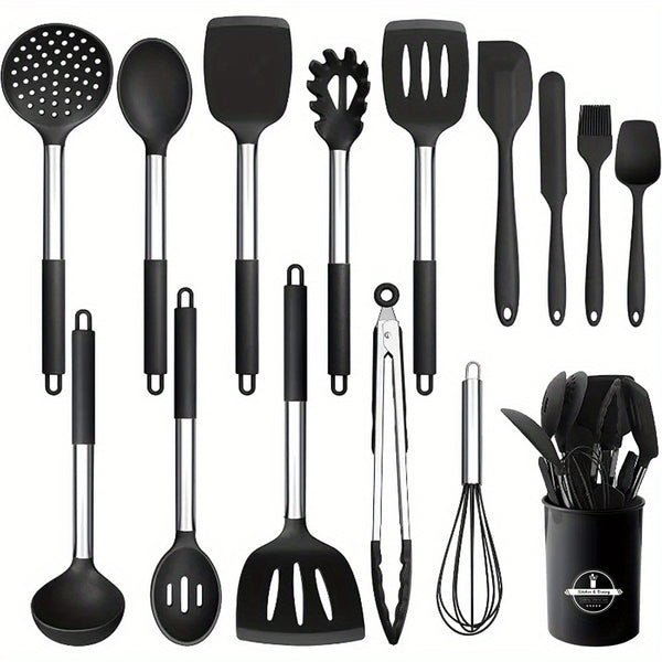 15pcs Silicone Kitchen Utensil Set with Wooden Handles - Non-Stick, Includes Stainless Steel Grater & Bottle Opener, Perfect for Cooking, Baking & Holiday Celebrations.
