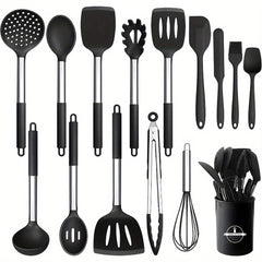 15pcs Silicone Kitchen Utensil Set with Wooden Handles - Non-Stick, Includes Stainless Steel Grater & Bottle Opener, Perfect for Cooking, Baking & Holiday Celebrations.