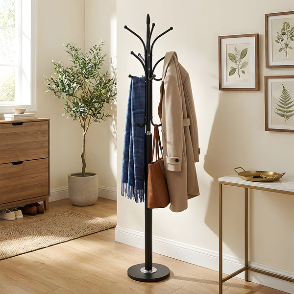 12-Hook Stylish Freestanding Coat Rack, Column-style Heavy Duty Metal Hat Stand with Solid Marble Base, 180cm Tall 4.7cm Thick Pole, Gold Black White Finish for Hallway, Office, Boutique Display