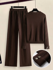 Women's 2pcs Set with Side Stripe| Crewneck Sweater & Relaxed Fit Straight Leg Pants| Soft Loungewear for Spring Autumn | European Casual Y Style