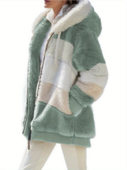 Women's Warm -Lined Hooded Winter Coat with Jacket - Brown & White Geometric/Striped Outer, Zippered Pockets, Machine Washable Casual Outerwear for Weather (Non-Stretch) | - Outer Jacket for women