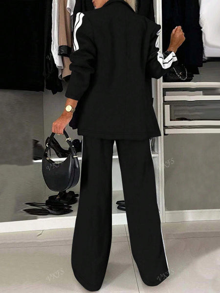 Women's Casual Fashion Commuter Light s Style Side-Stripe Decorated Long Sleeve Blazer And Pants Two-Piece Suit Set - Polyester, Machine Washable, Ideal for Spring And Autumn Seasons.