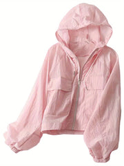 Lightweight Hooded Coat for Women, Featuring a Casual Loose Fit, Solid Color, Front Zipper, And Designed for