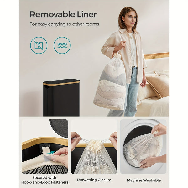 1pc 60L Slim Tall Laundry Hamper with Lid & Removable Bag - Collapsible Foldable Clothes Basket Suitable for Bedroom, Bathroom, Dorm - Modern Dirt- Clothes Bin with Bamboo Handle, Space-Saving Storage, Laundry Baskets