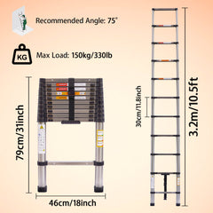 Telescoping Ladder 10.5ft/3.2m Stainless Steel Telescopic Extension Ladder Heavy Duty Collapsible Ladder Non-slip Angled Feet Securing Strap Delicate Design for Home Loft RV Ladder 330 lbs Capacity