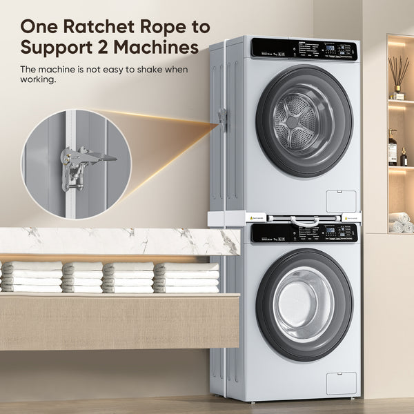 Universal Stacking Kit for Washer and Dryer, Adjustable Stacking Shelf Kit with Sliding Shelf for 51-76 cm Washer Dryer Intermediate Frame Stacking Bracket Kit with Ratchet Ropes