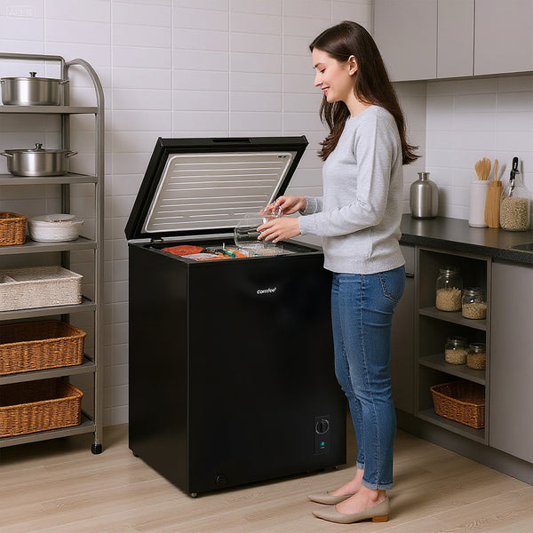 Midea Comfee 99L Multi-Functional Freestanding Chest Freezer: Perfect for Daily Use, with Freezer/Refrigeration Switch, 38dB Quiet Inverter Compressor, 4 Star Freezer Rating, Ideal for Homes & Outbuildings – Black [Energy Class E]